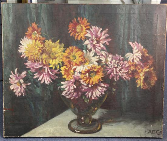 Alfred Egerton Cooper (1883-1974) Still life of chrysanthemums in a glass vase 63 x 76cm., unframed